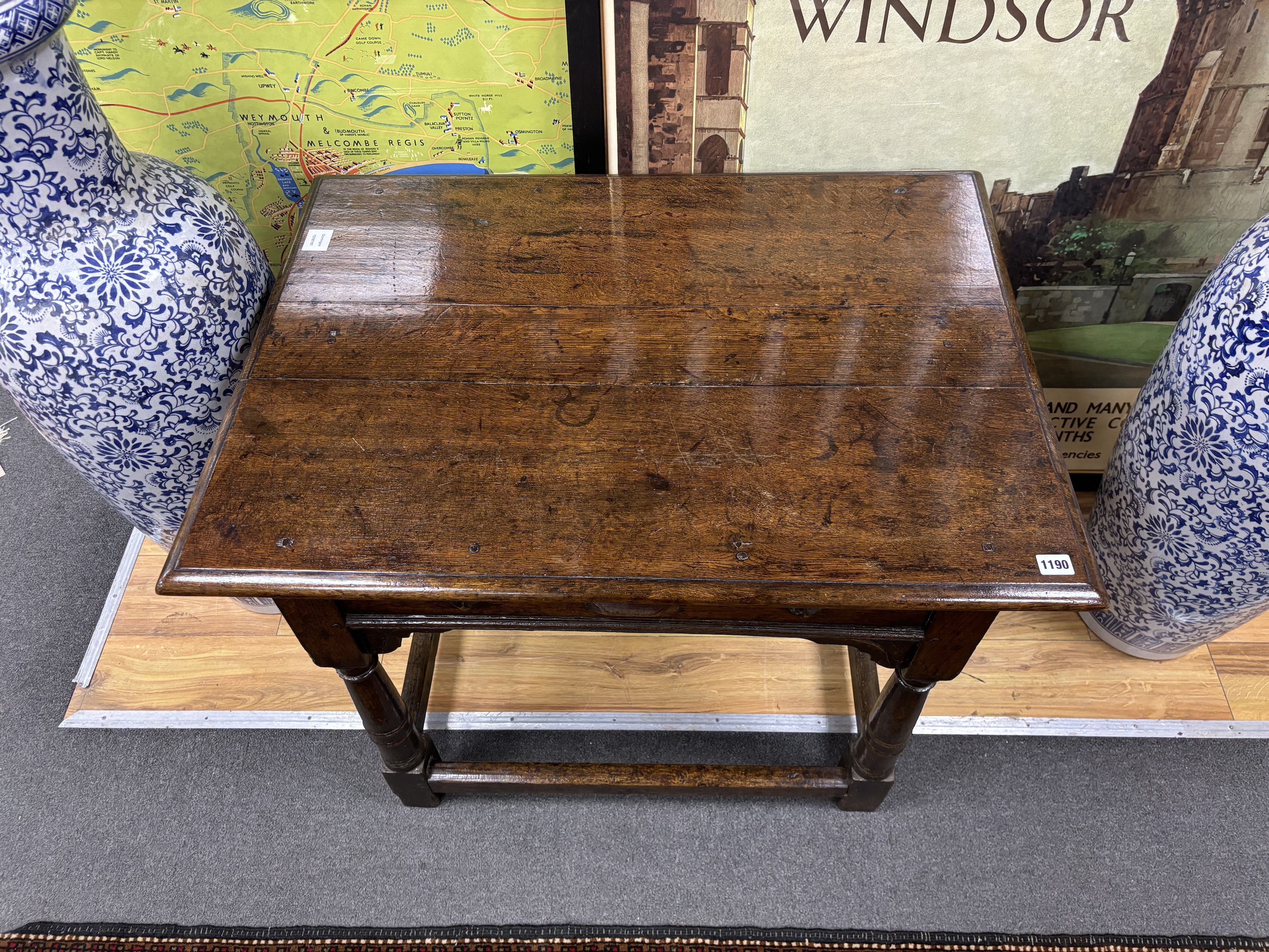 A 17th century and later oak side table, width 89cm, depth 65cm, height 70cm